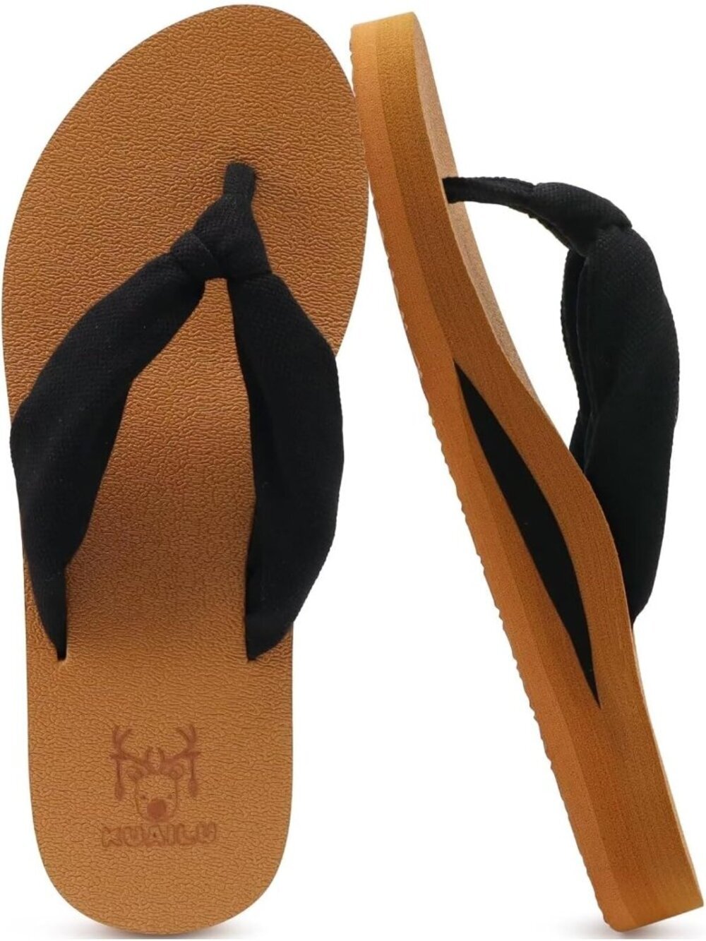 Women's Black Khaki Fabric Arch Support Yoga Mat Beach Walking Flip Flops Sandal